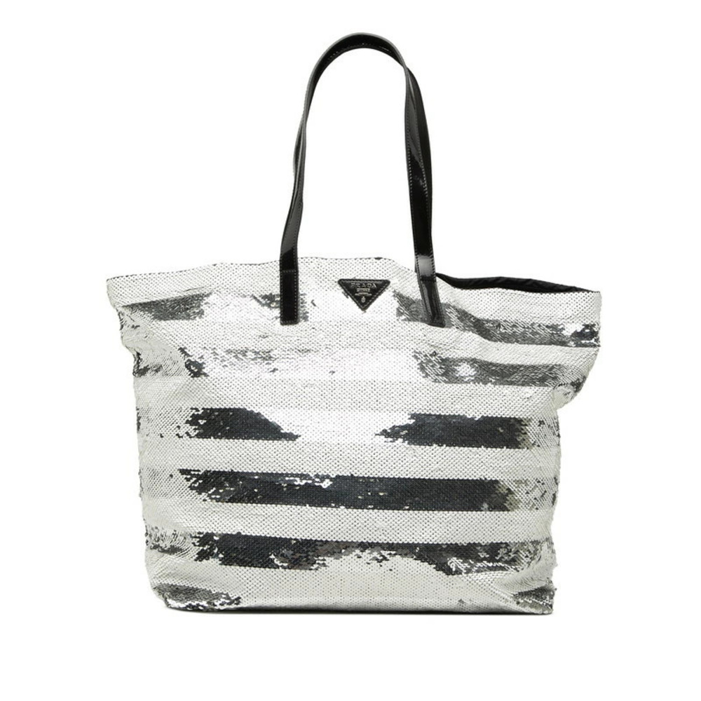 Prada Tote Tessuto Saffiano Bag Shoulder White Silver Sequins Enamel